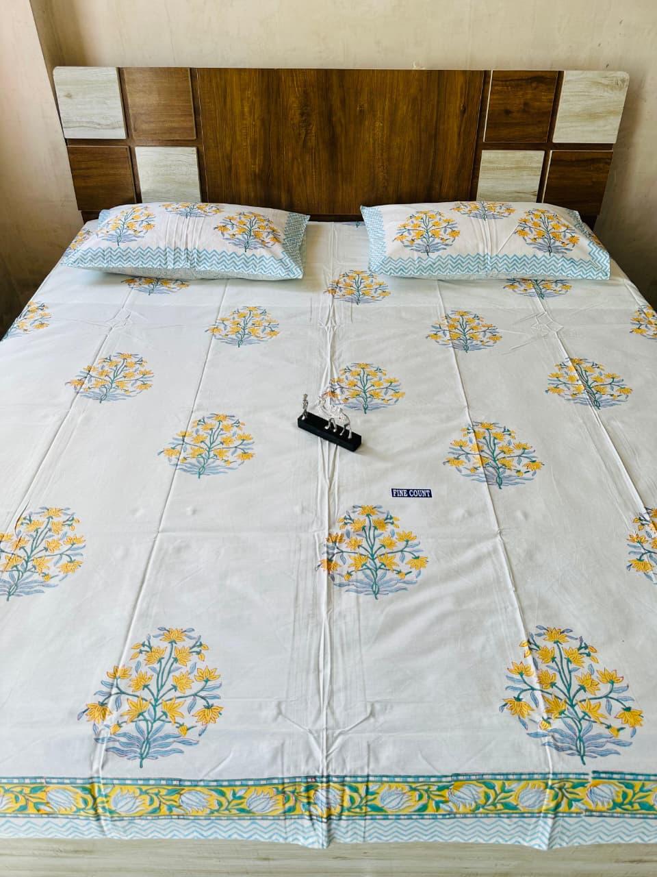 Handblock Premium Fine Count 8ft by 9ft Bedsheets with 2 Pillow Covers (3rd set of Designs)