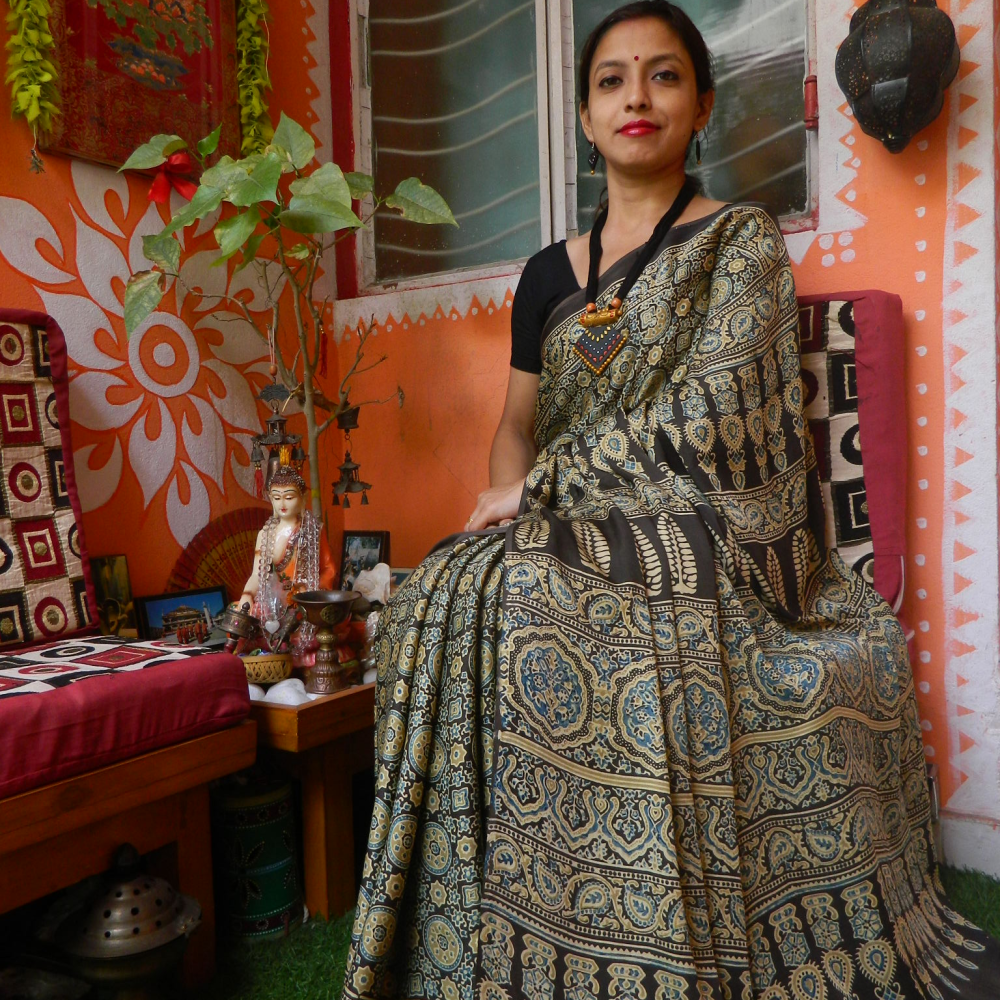 ALISHAAN- Modal Silk Ajrakh Hand Block Printed  Magical...Signature Work Saree