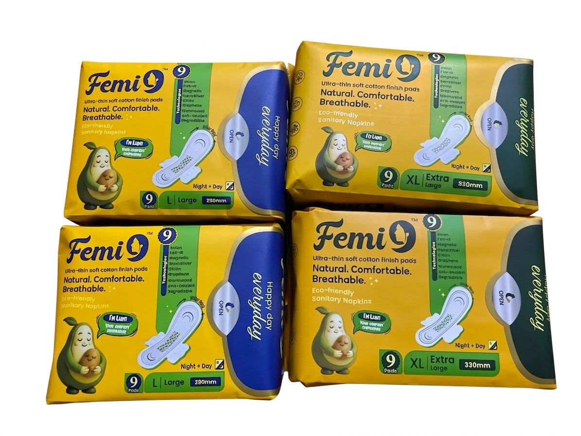 Femi9- Sanitary Pads Odour-Free| -L (290mm) -9 Pieces  -2 and XL (330mm -2 Pack /  4 pack combo