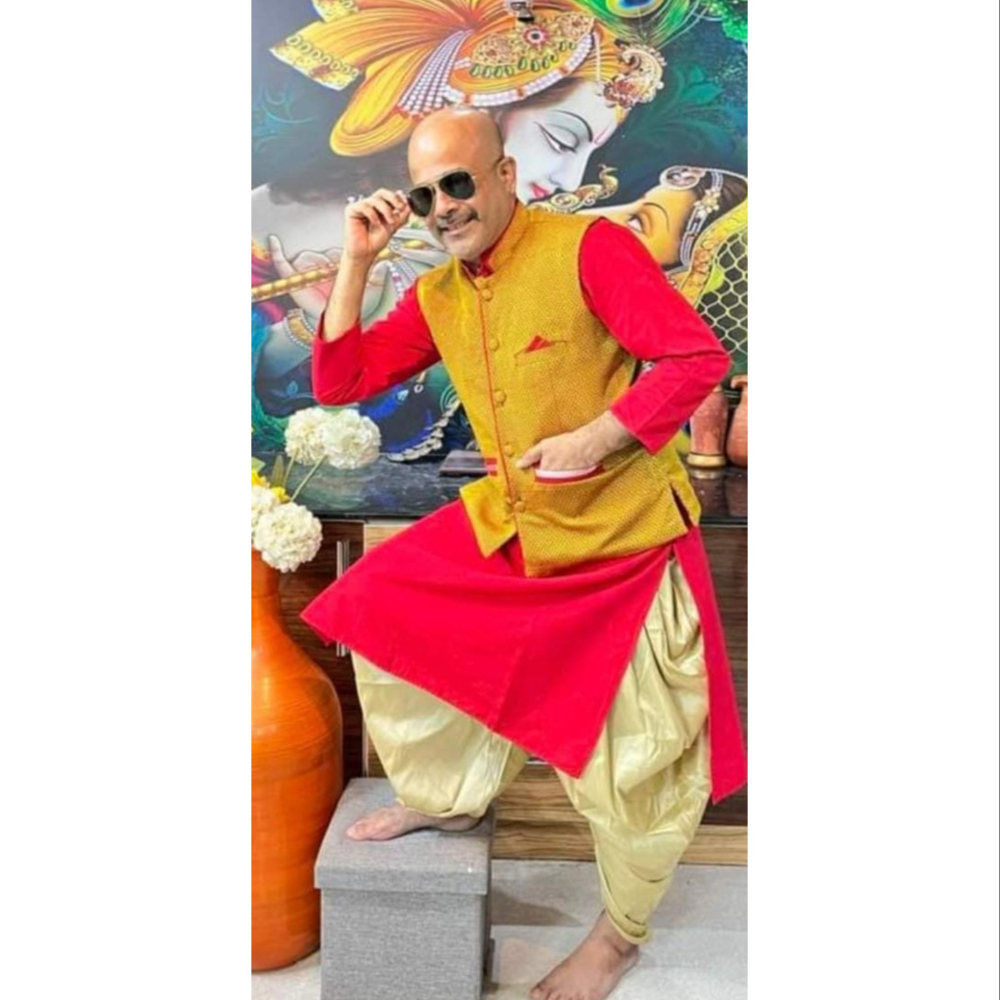 Men's three piece kurta dhoti set with khun fabric coat