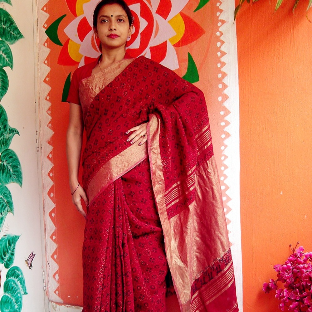 Pure Linen Saree with Ajrakh Hand Block Print..Zari Border Signature Work Saree