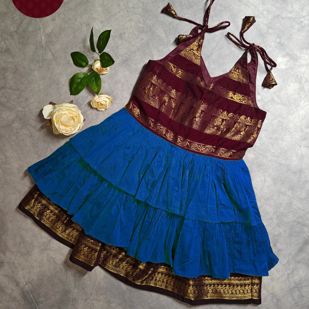 Little Miss Sunshine - Frock-Dress in Blue with green zari Ages 1-6