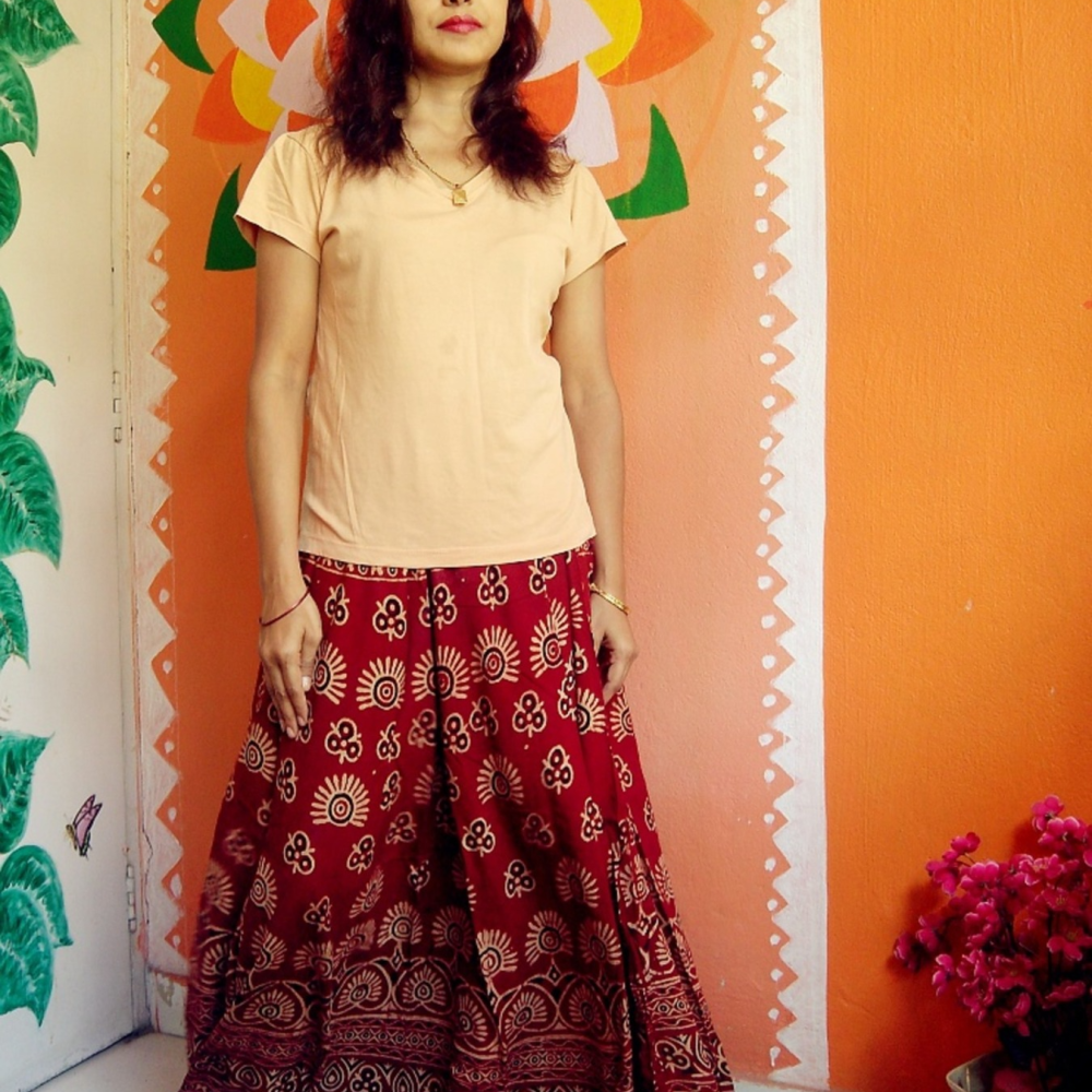 Free-size Hand Dyed & AJRAKH Hand Block Printed Cotton Rayon Long Skirts