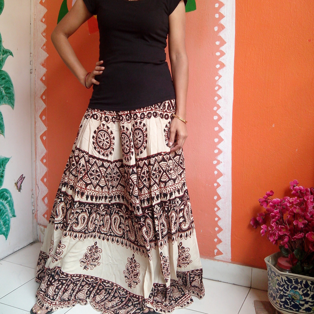 Free-size Hand Dyed & AJRAKH Hand Block Printed Cotton Rayon Long Skirts